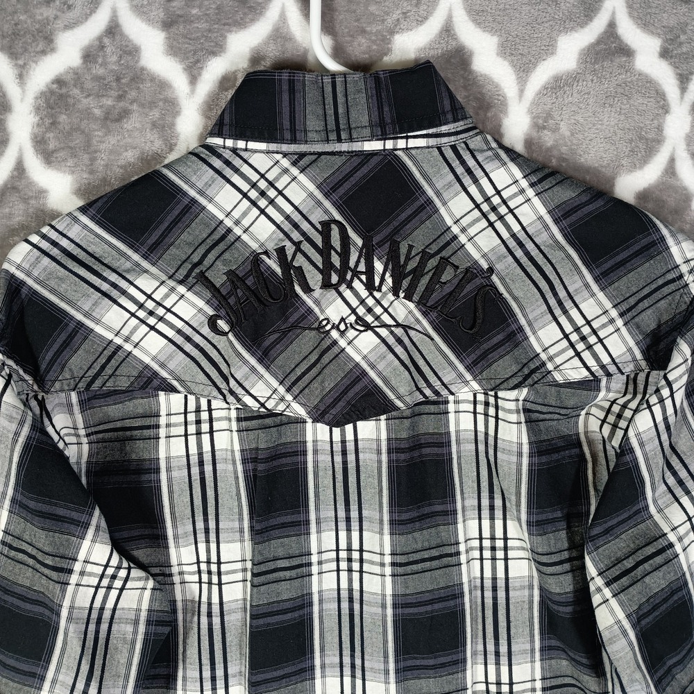 Jack Daniels Western Shirt Men Medium Black Plaid Pearl Snap Embroidered Back